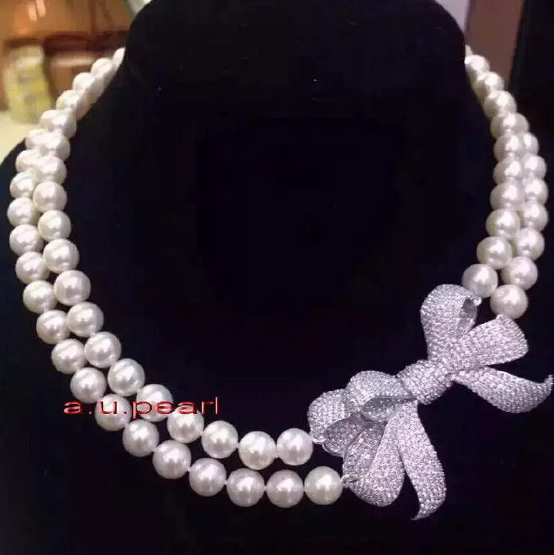 

new AAAAA 2 row 17"19" 10-11mm round REAL south sea WHITE pearl necklace silver>>>pearl necklace woman
