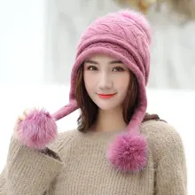 Теплая Лыжная шапка для девочек, новинка, брендовая теплая вязаная шапка зима с большим меховым помпоном, женская шапка бини, толстая шапка Skullies, женская шапка