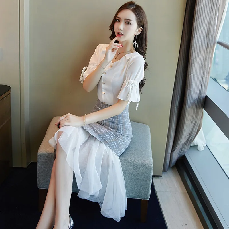 

2019 Spring Summer Elegant Women 2 Piece Set Women Single-Breasted Chiffon Shirt Top + Grid Bodycon Skirt Fashion Skirt Suits