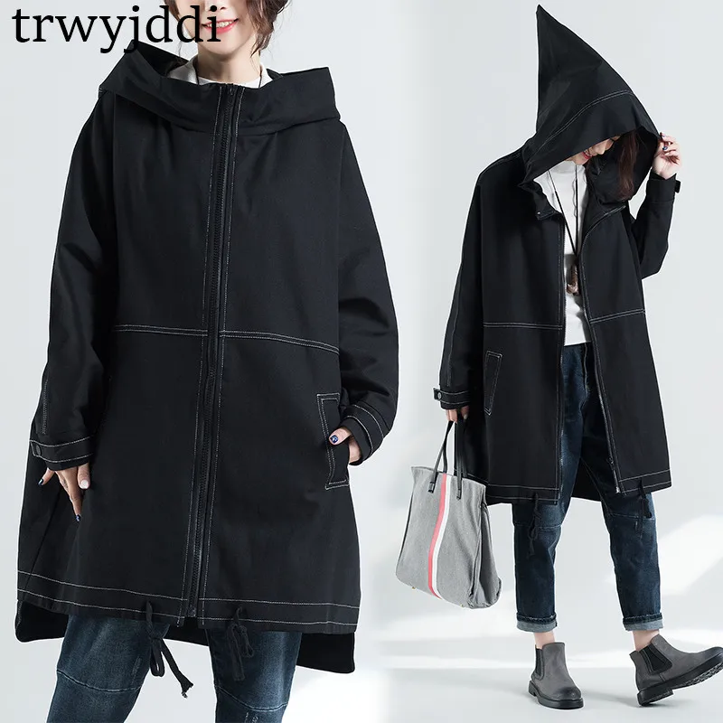 

2019 Trench Coat For Women Plus Size Long Windbreaker Spring Autumn Female Fashion Black Hooded Coat Cloak Outerwear A1419