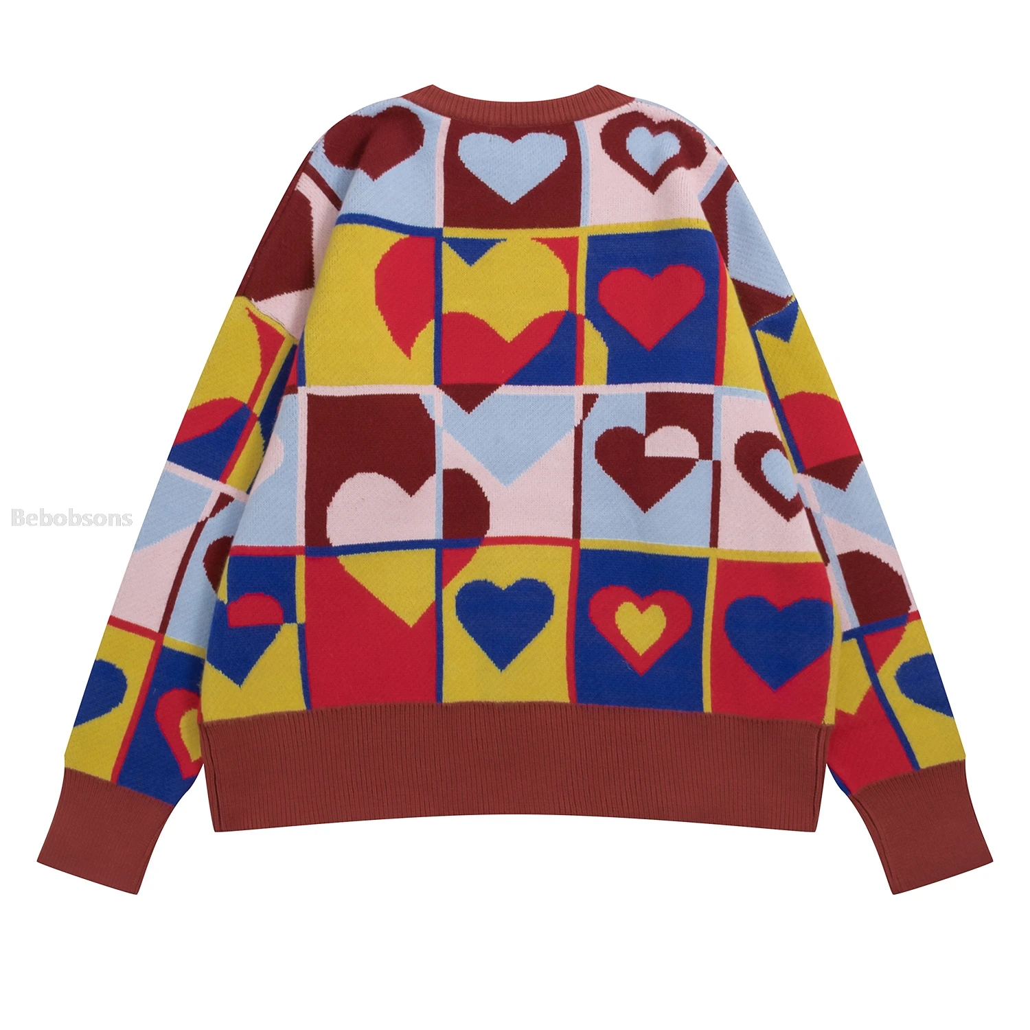 В форме сердца геометрический узор цветной блок дизайн женский пуловер свитер с круглым вырезом женские вязаные топы Свободные