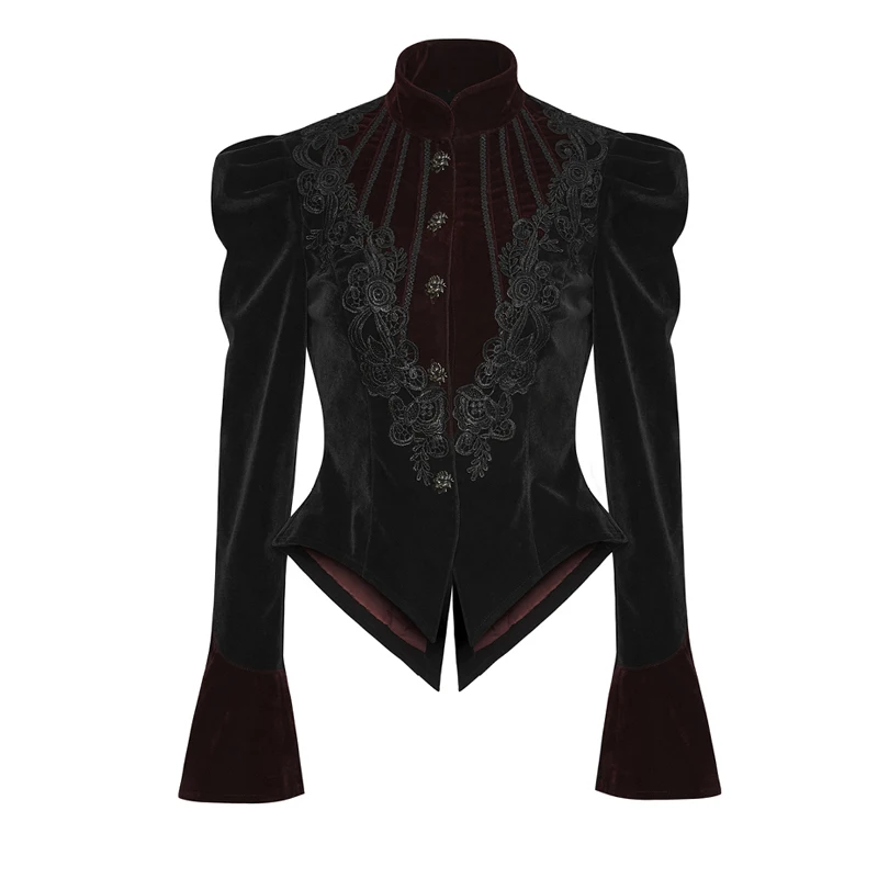Панк рейв Готический Scissor-tail Twill вельвет женская короткая куртка узор вышивка украшения сплайсинга резные пуговицы пальто - Цвет: Black Y-769