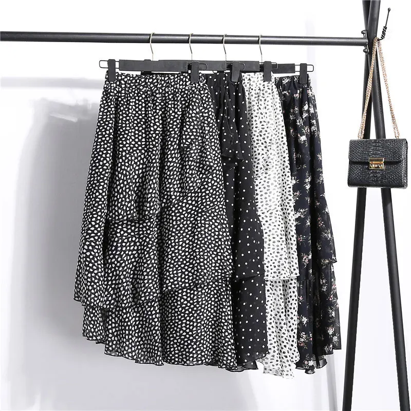 

Chiffon Skirt Womens 4 Styles Ruffles Elastic Print Floral Dots Women Skirts 2019 Kpop Irregular Elastic High Waist Faldas Mujer