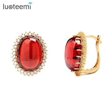

LUOTEEMI Wholesale Luxury Noble Oval Cutting Garnet-Color Stone with Clear Zircon Surrounded Fashion Stud Earrings for Women