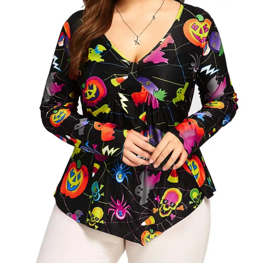 

2018 women Full tops Halloween V Neck Printed Pumpkin Irregular Shirt Plus Size Large size Shirts Casual T-Shirt female clothes