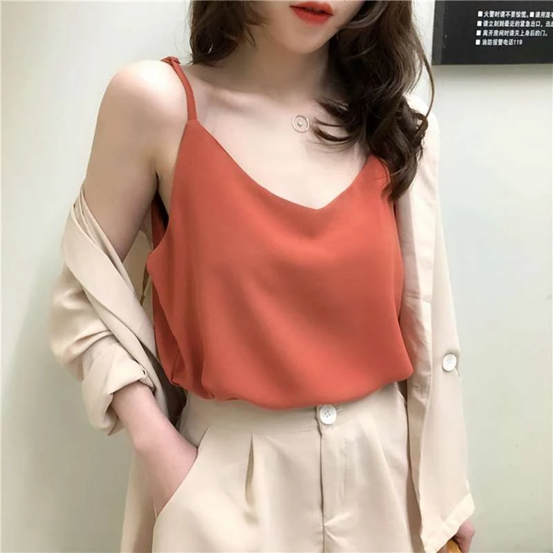 

Sexy Women Summer Casual Sleeveless Shirt Solid Color Loose Tunic Tops Sweet Basic Chiffon V-Neck Camisole