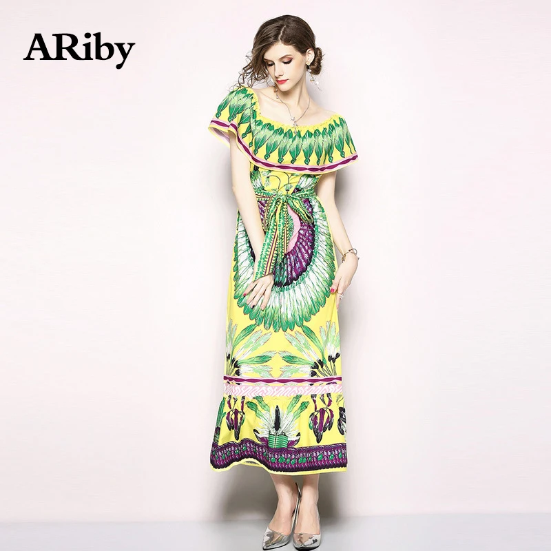Women Dress Long Dresses 2019 Summer New Fashion Bohemian Ruffles A Word Collar Printed Short Sleeves Straight Dress Plus Size