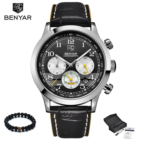 black silver yellow BENYAR, роскошные Брендовые мужские спортивные часы, мужские кварцевые часы с датой, мужские кожаные светящиеся наручные часы, мужские часы - Цвет: black silver yellow