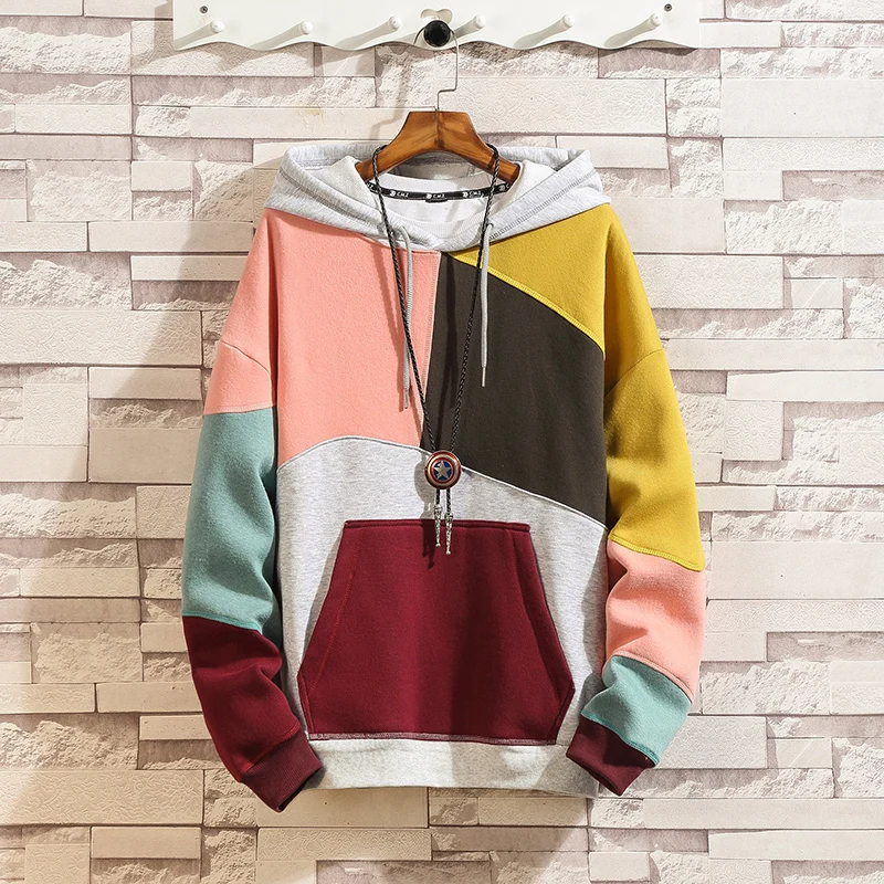 

2019 Men's high quality cotton streetwear Hip hop hoodies jackets Men Fashion Casual Creative Color Block Stitching sweatshirts