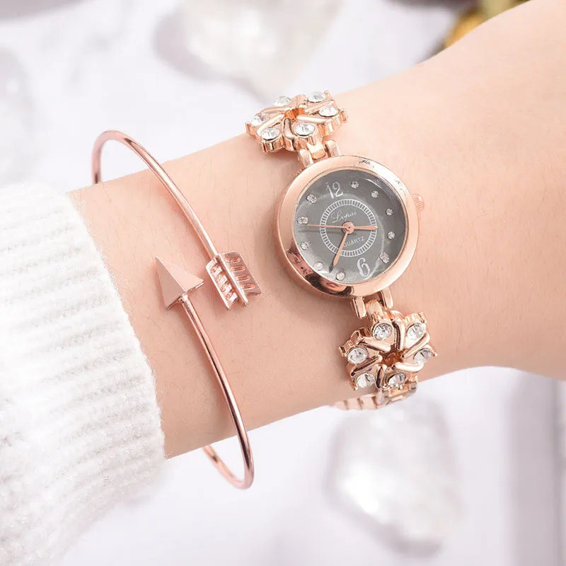 

Women Quartz Watch Bracelet Set with Floral Decor Band Arrow Open Cuff Bracelet KQS8