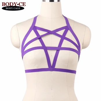 

Womens Sexy Tops Harness Purple Body Cage Bra Strappy Bondage Lingerie Elastic Bustier Pastel Goth Fetish Erotic Dance Rave Wear