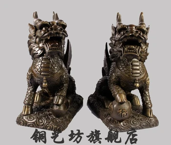

11" China Fengshui Door Guardian Beast Dragon Kylin Protect Home Bronze Statue
