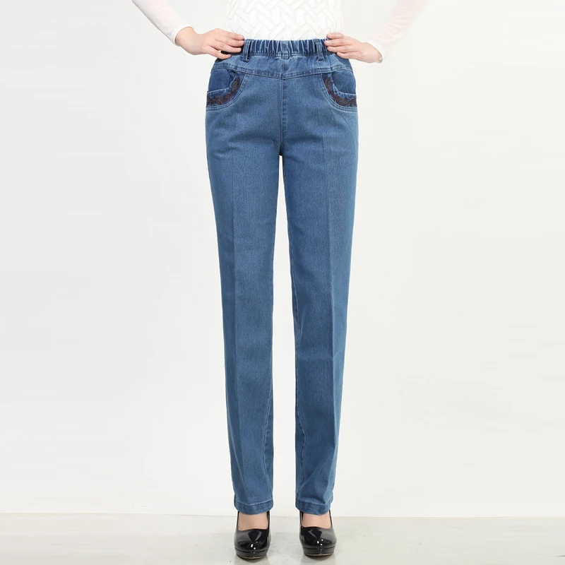 2017 Plus Size Straight Women Jeans With Embroidery Elegant Stretch Denim Pants Lady MOM Clothes Brand