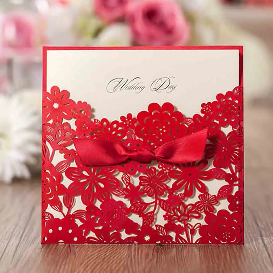 

Wishmade 1pcs Red Laser Cut Wedding Invitation Cards with Bow Ribbon Design Cardstock with Envelope for Engagement Bridal Shower