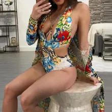 Женский цельный купальник бикини пуш-ап купальник цветочный принт бандаж монокини купальник купальная пляжная одежда