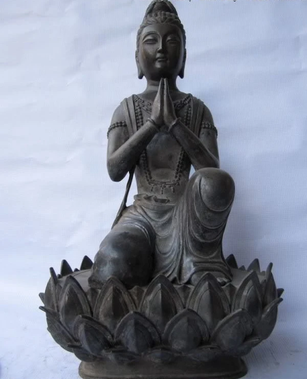 

Tibet Pure bronze Carved kneeler Kwan-Yin Bodhisattva Buddha lotus flower Statue