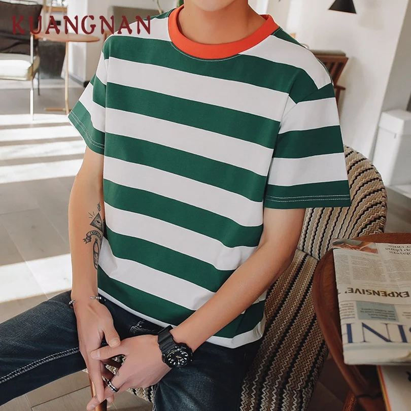 

KUANGNAN Striped Cotton Vintage T Shirt Men Harajuku Tshirt Men T-Shirt Men T Shirt 5XL Streetwear Hip Hop Summer 2019 New