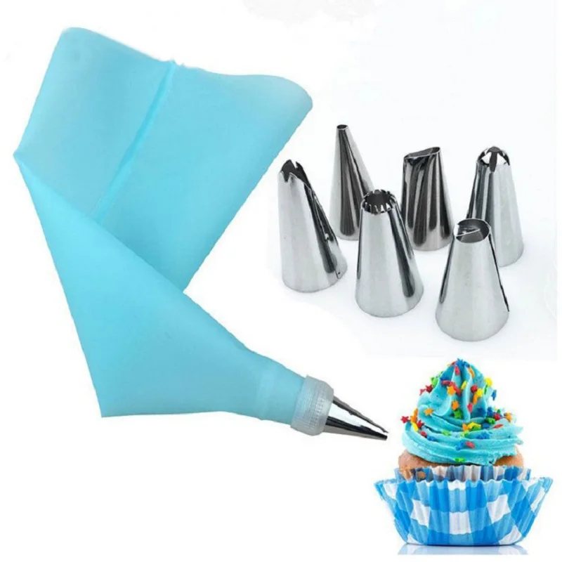 8 PCS/Set Silicone Kitchen Supplies Icing Piping Cream Pastry Bag Stainless Steel Nozzle Set DIY Cake Decorating Tips Set CC1364