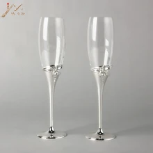 Блестящий серебристый цинковый сплав Металическая бутылка, шампанское флейты для свадьбы или вечерние, бокал вина стекло