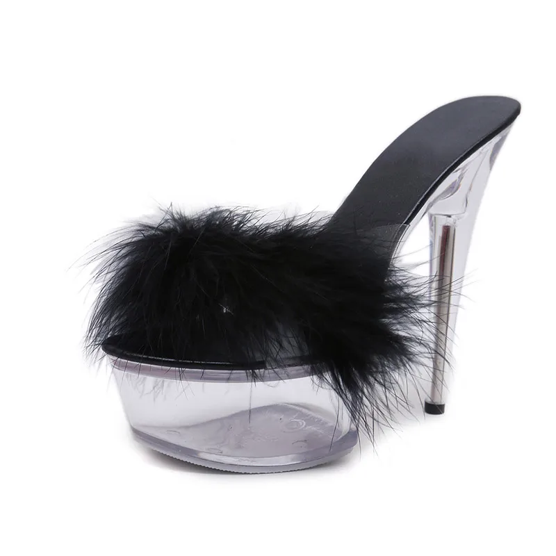 Г., летние босоножки на высоком каблуке, украшенные перьями и кристаллами женская свадебная обувь на платформе женские меховые шлепанцы на прозрачном каблуке WS0035 - Цвет: Black