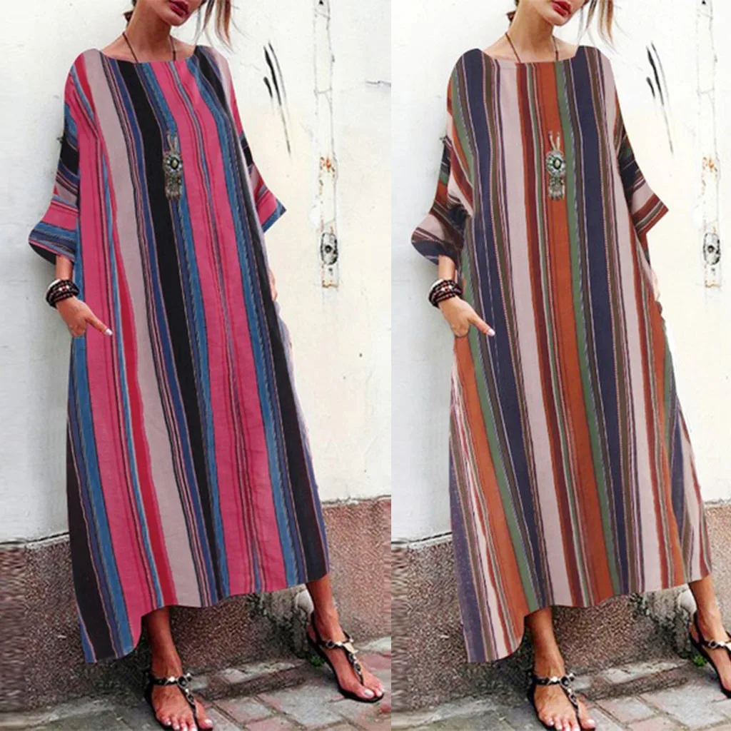 

Women's summer dresses Fashion Half Sleeve Striped Multicolor Loose Bohe Beach Long Robe Cotton Dress large size women's dresses