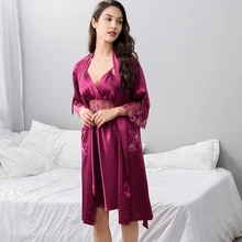 Наборы халатов женские сексуальные атласные шелковые пижамы женские с v-образным вырезом Вышивка искусственный шелк спальный халат из двух частей халаты X20242