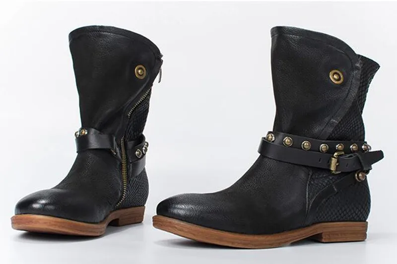 Nieve Remaches Negro Mujeres Cuero Auténtico gris Militar Hebilla Botines marrón 2017 Mabaiwa Botas Zapatos Pisos Moda wxSz8xUq