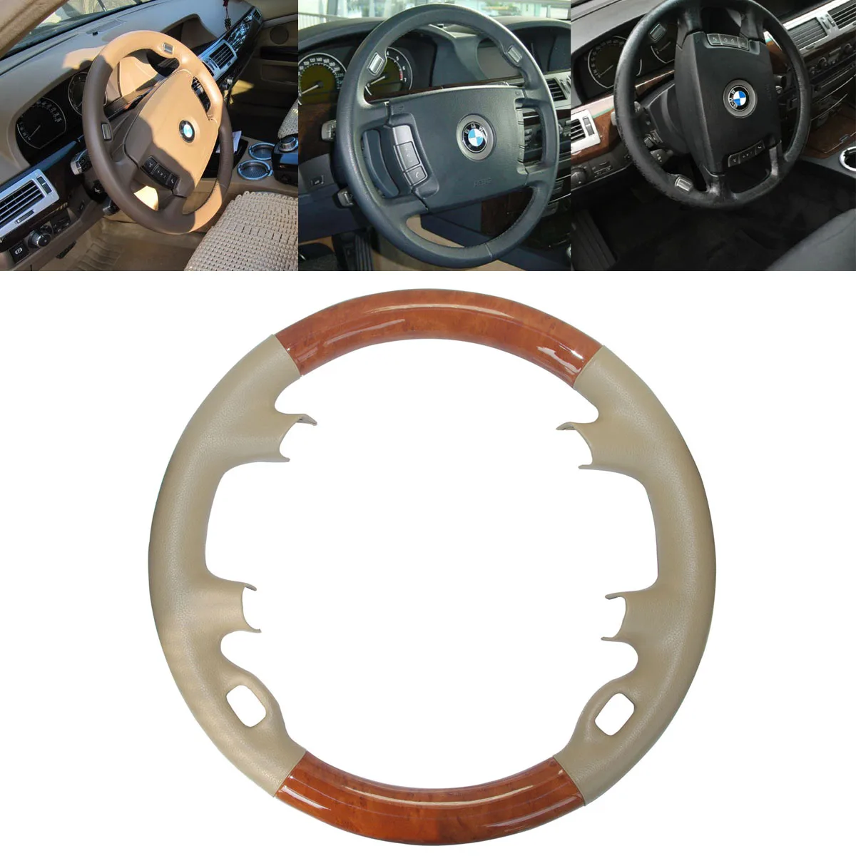 

Beige Leather Light Brown Wood Steering Wheel Cover Decor for 02-08 E65 E66 E67 730Li 735i 735Li 745i 750i 760i 760li 740d 745d