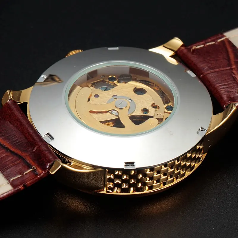 Cena SEWOR Skeleton mechaniczny złoty zegarek mężczyźni skórzany pasek markowy zegarek luksusowy marka automatyczny 2016 moda Relogio zegarek SWQ22