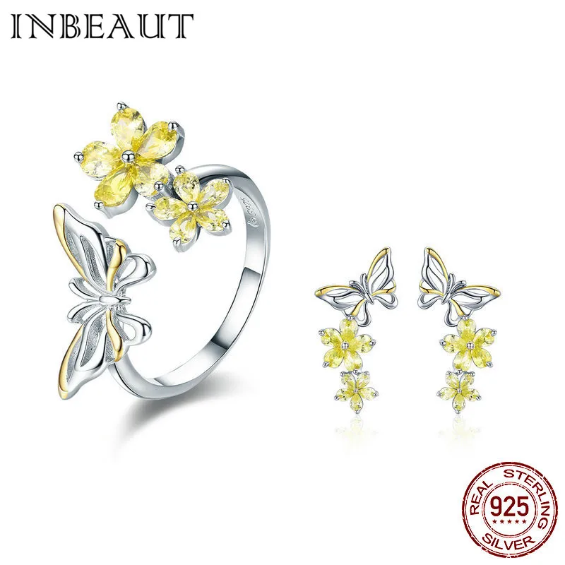 

INBEAUT 100% Real 925 Sterling Silver Yellow Cubic Zirocnia Butterfly Ring for Women Cute Insect Zircon Stud Earrings Gift