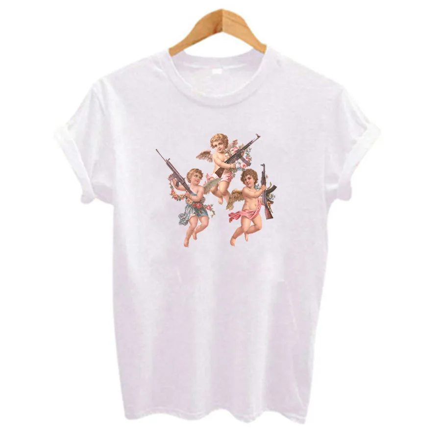 Женская рубашка с принтом ангела, Женская Повседневная рубашка размера плюс, белая рубашка с коротким рукавом и круглым вырезом, винтажные свободные топы, женские топы, Harajuku mujer modis