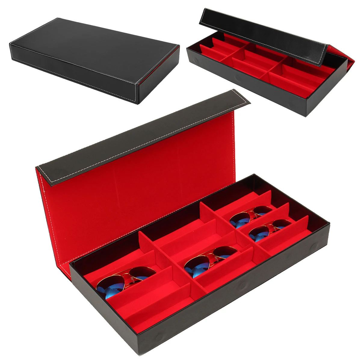 Glasses Case 12 Slot Grid Faux Leather Eyeglass Sunglasses Glasses