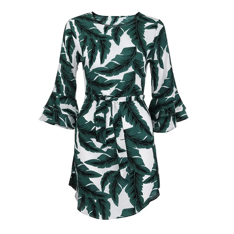 Fashion dress women summer Autumn 2018 Ladies Casual Three Quarter Leaf Printed Boho Dresses O-Neck Mini Dress vestido A21#N (5)