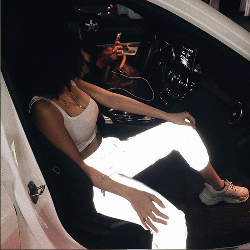 2019 Autumn Winter Flash Reflective Jogger Pants Women Casual Gray Solid Streetwear Trousers Noctilucent Long Harem Pant Sport 2019 Autumn Winter Flash Reflective Jogger Pants Women Casual Gray Solid Streetwear Trousers Noctilucent Long Harem Pant Sport