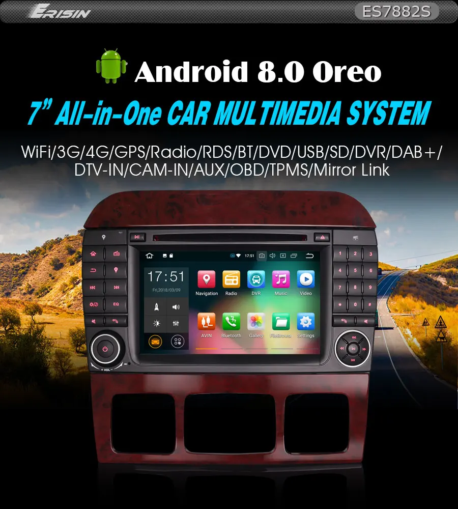 Discount Erisin ES7882S 7" Android 8.0 Octa core 4G RAM Car DVD GPS Radio DVR DAB+ DVD For BENZ S/CL Class W220 W215 S500 CL55 7