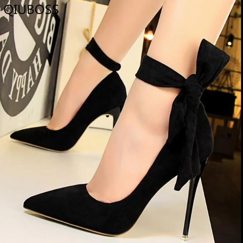 

QIUBOSS Women's shoes Elegant Shallow Wedding Lace-up Fashion Women Pumps Solid Flock Pointed Toe High Heels Shoes Q724