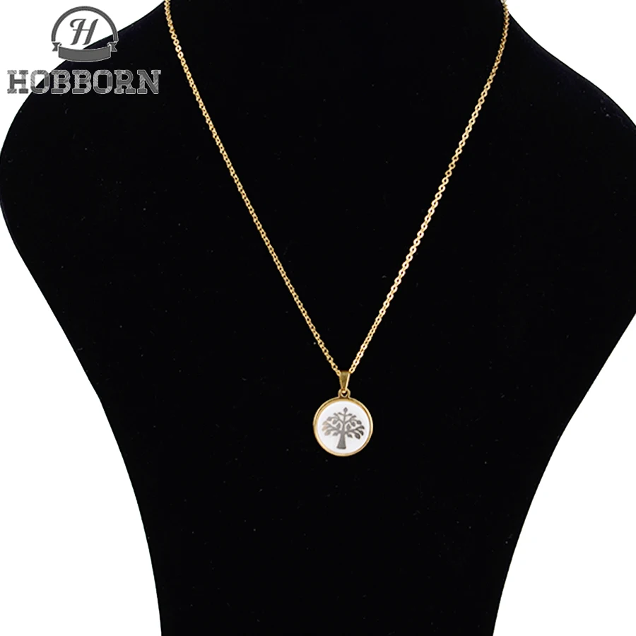 HOBBORN Trendy Women Collar Necklace Stainless Steel Round Shell Tree of Life Pendant Female Link Chain Friendship Necklaces | Украшения и