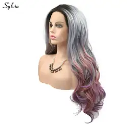 Sylvia темные корни Ombre серый смешанный синий розовый/фиолетовый синтетический Синтетические волосы на кружеве парики объемная волна мягкие