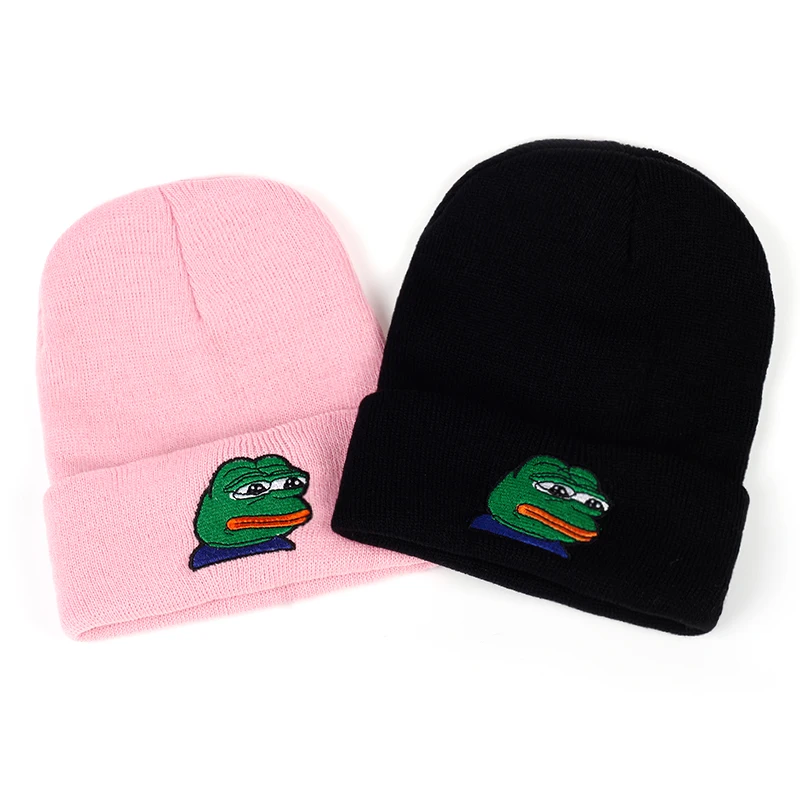 

VORON Sad Kermit Cap Frog Pepe Feels Bad Man Embroidery Beanies Hip Hop winter Keep warm hat The Sad Meme Frog Hat Skullies