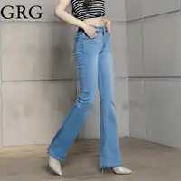 Free Shipping 2017 Women Summer Plus size thin bell-bottom jeans female Mid waist trousers elastic boot cut pants light color
