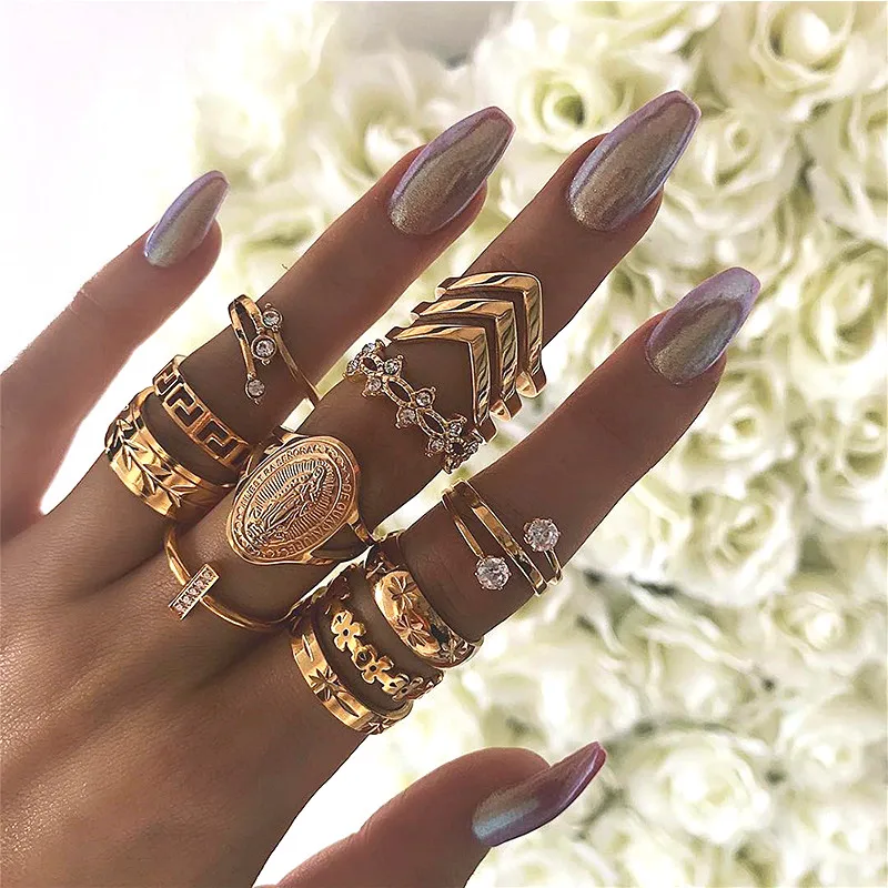 

14Style Boho Virgin Mary Cross Heart Butterfly Snake Eye Flower Gold Ring Women Fashion Star Moon Crown Open Ring Set Lover Gift