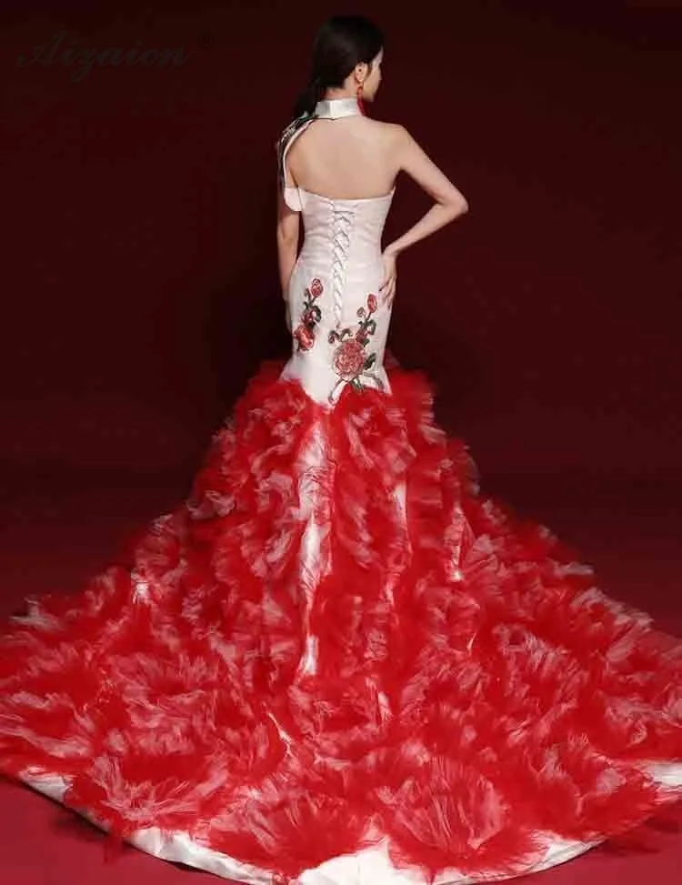 Модные Винтаж Go шоу Cheongsam Современные красный длинный хвост тонкий Qi Pao Для женщин традиционное китайское платье приема гостей вечеринки платье Qipao