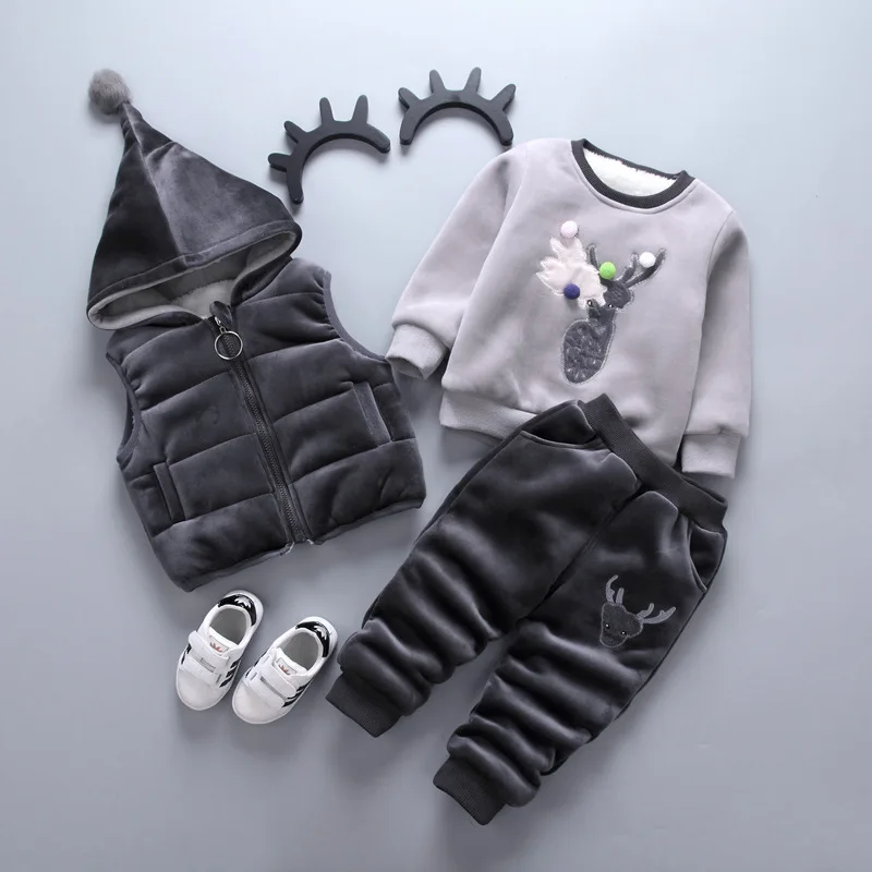 

Baby Boys Girls Warm Set Winter Christmas Kids Thickening Hooded Vest+Sweater+Pant Three-piece Sport Suits Children Clothing