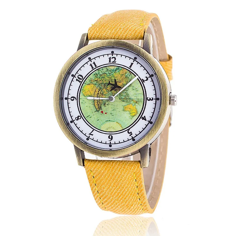 Модные часы для путешествий на самолете с картой из джинсовой ткани, повседневные женские наручные часы, кварцевые часы, подарок для женщин