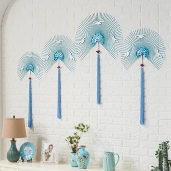

Modern Wrought Iron Blue Fan Shape Wall Hanging Pendant Home Livingroom Wall Mural Decoartion Hotel Porch 3D Wall Sticker Crafts