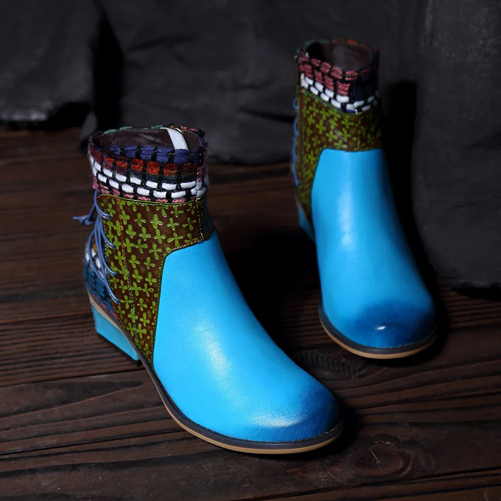 Johnature 2019 Encaje Mujer Para Las Primavera Azul Mujeres Zapatos Correa Flores Genuino Tobillo Botas De Cuero Otoño Botines Nueva Vintage rA15wr