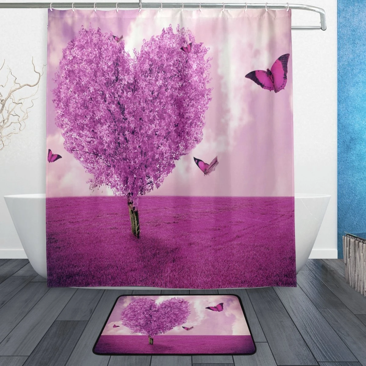 Waterproof Fabric Valentine Pink Background Love Heart Bathroom Shower Curtain