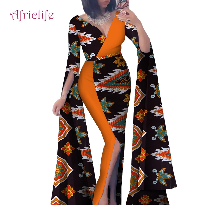 Сегодня предложение Африканский Базен ткань платье для бассейна Сексуальные Женщины Глубокий V дизайн лоскутное вилка Африканский принт платья юбка WY4636