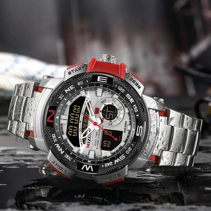 cool big case golden steel band bracelet quartz watches for men led digtial sports watches mens wristwatches dual time zones military style clock man free shipping (7)