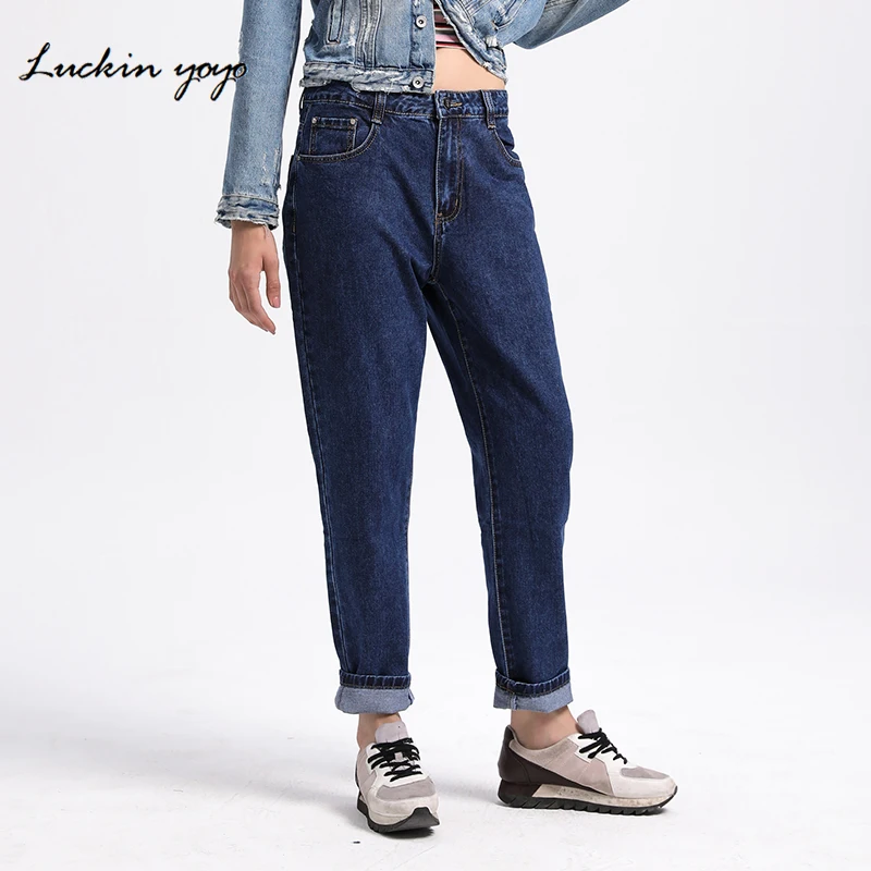 Luckinyoyo Mid Waist Mom Jeans Casual Plus Size Women's Jeans Pant Cotton Loose Style Full Length High Street Denim Jeans